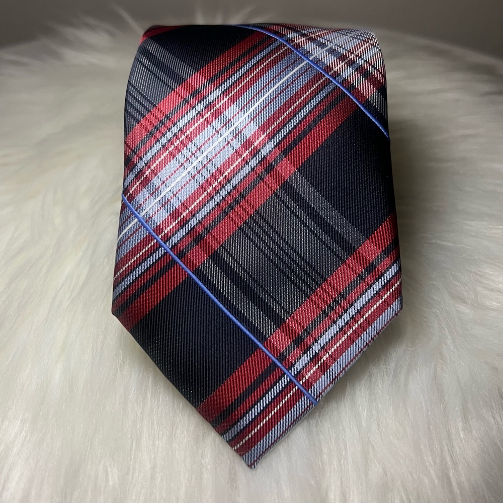 Alexander Julian Handmade Tartan Plaid Designer Tie Black Red Necktie - Picture 6 of 8